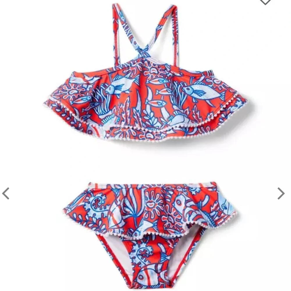 Janie and Jack Recycled Tropical Fish Halter 2-Piece Swimsuit‎ Red Island Size 5